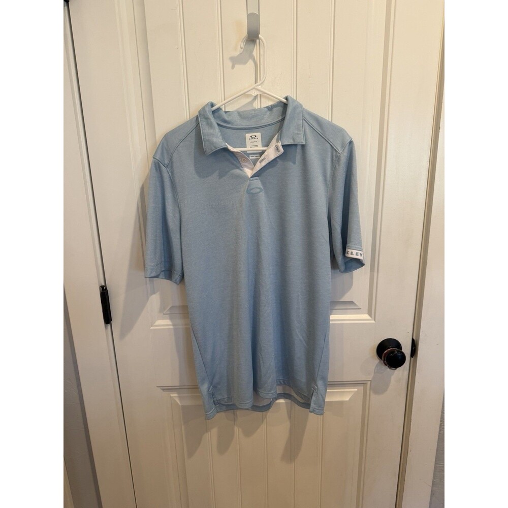 Oakley Men’s Large Polo Shirt Light Blue Regular Fit Golf Spell Out Sleeve Logo